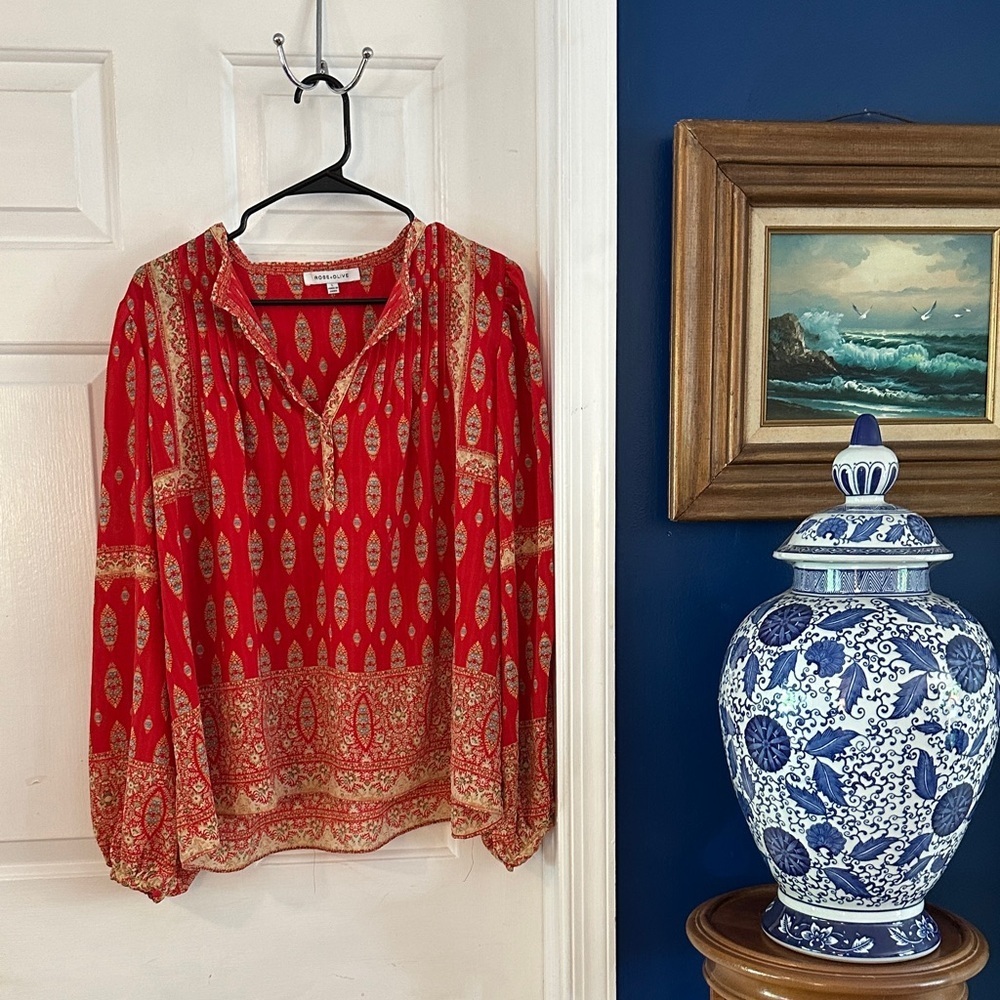 Women Rose & Olive Vibrant Red Patterned Boho V Neck Balloon Sleeve Top Size L